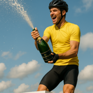 Bike Race Winner Spraying Champagne from Top of Podium