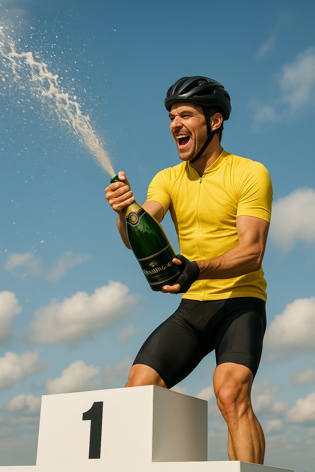 Bike Race Winner Spraying Champagne from Top of Podium